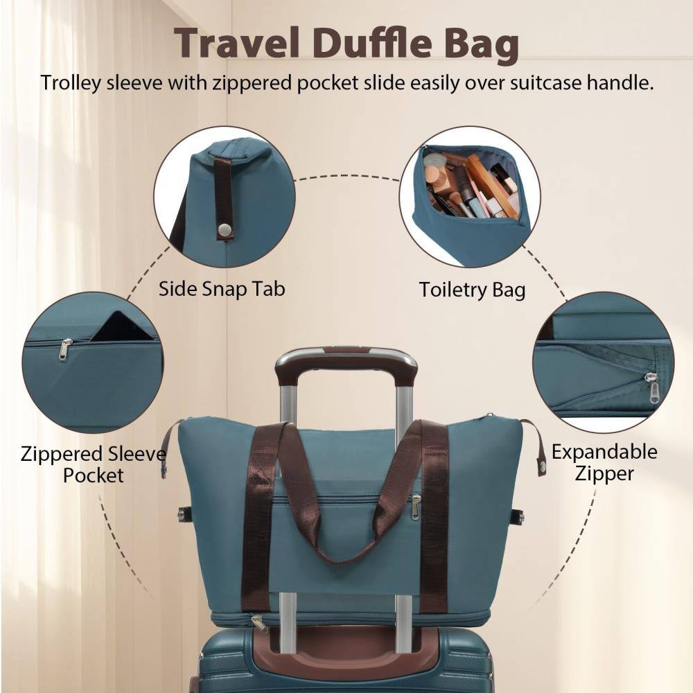 Travel Duffle Bag

- Trolley sleeve with zippered pocket slide easily over suitcase handle.
- Side Snap Tab
- Toiletry Bag
- Zippered Sleeve Pocket
- Expandable Zipper