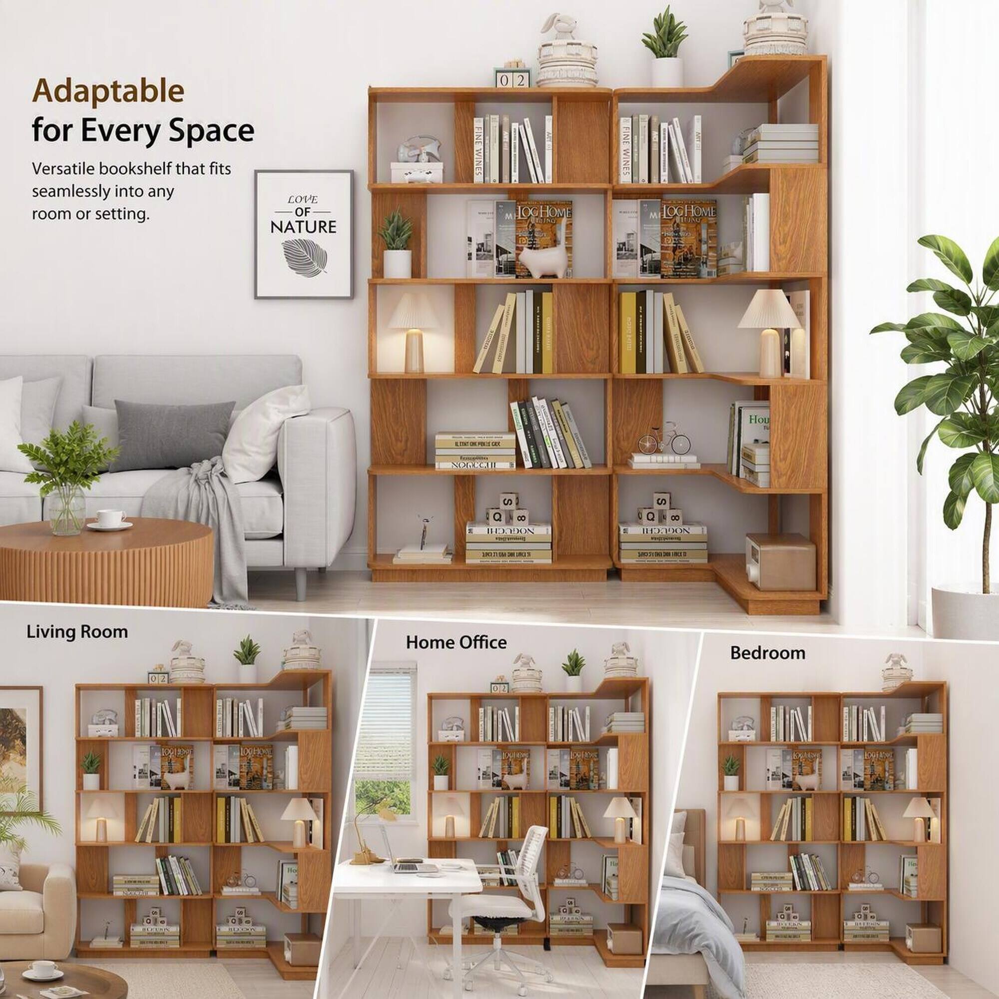 Adaptable for Every Space  
Versatile bookshelf that fits seamlessly into any room or setting.  

LOVE OF NATURE  

2011 WINES  
FINE WINES  
LOGHOME KING  

Living Room  
Home Office  
Bedroom  

02  
DE  
10  

WTATHOBOOKS: