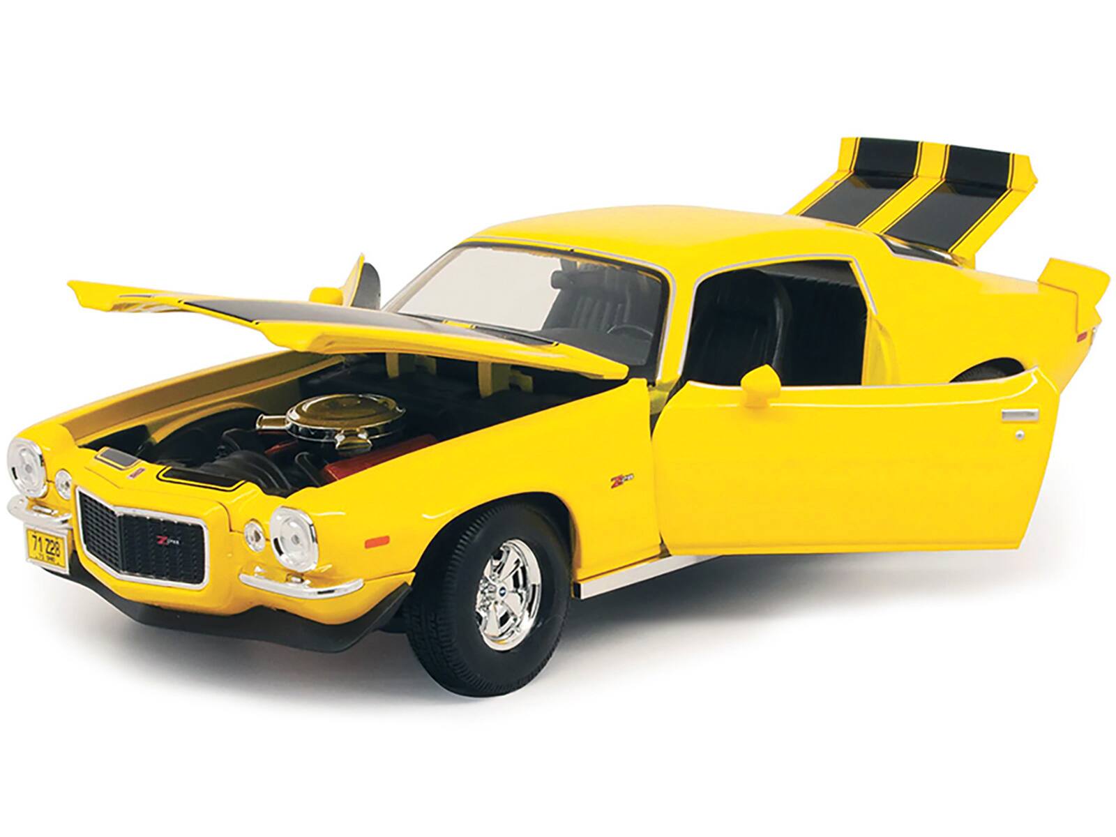 Alt View 2. Maisto - 1971 Chevrolet Camaro Yellow with Black Stripes 1/18 Diecast Model Car by Maisto.