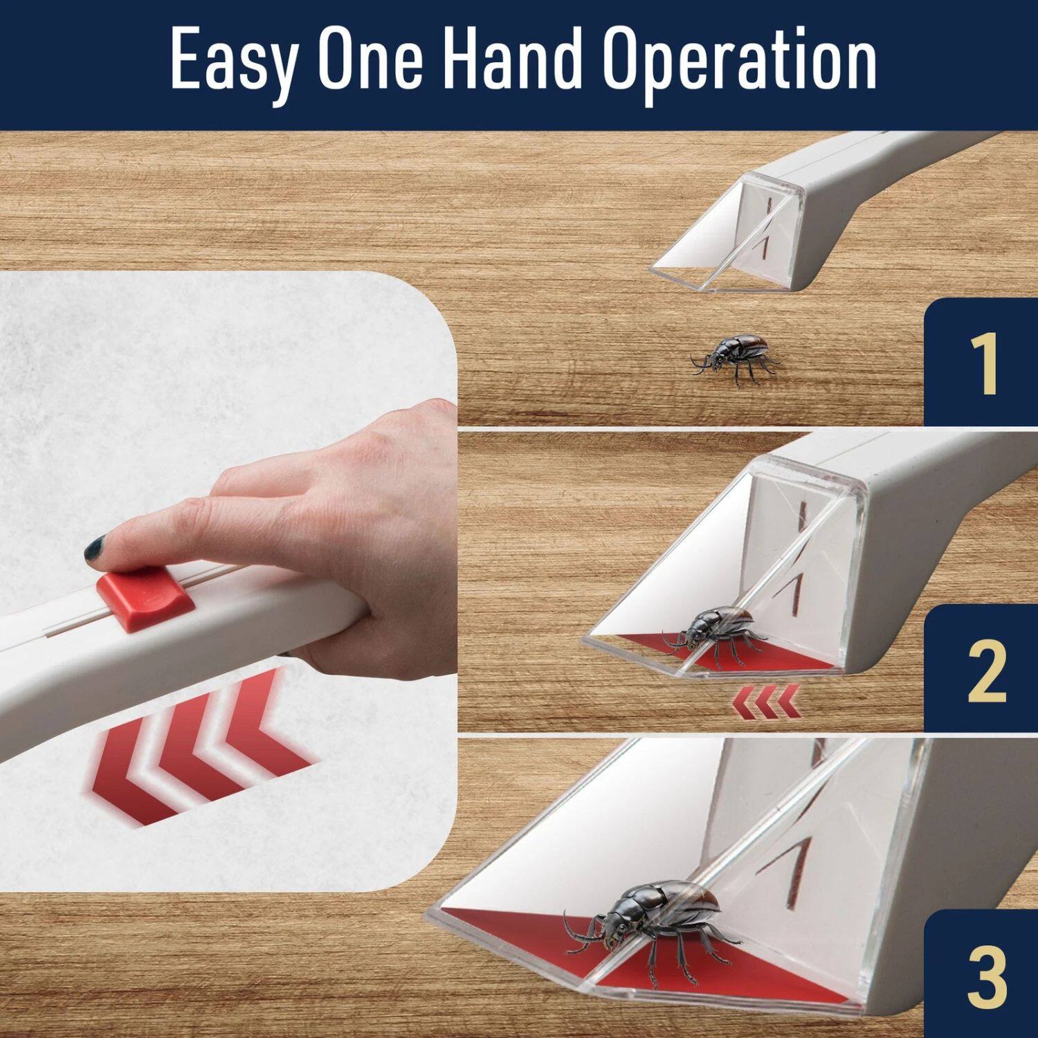 Easy One Hand Operation

1. Place the device on the floor.
2. Press the button to activate the trap.
3. The insect is caught.
