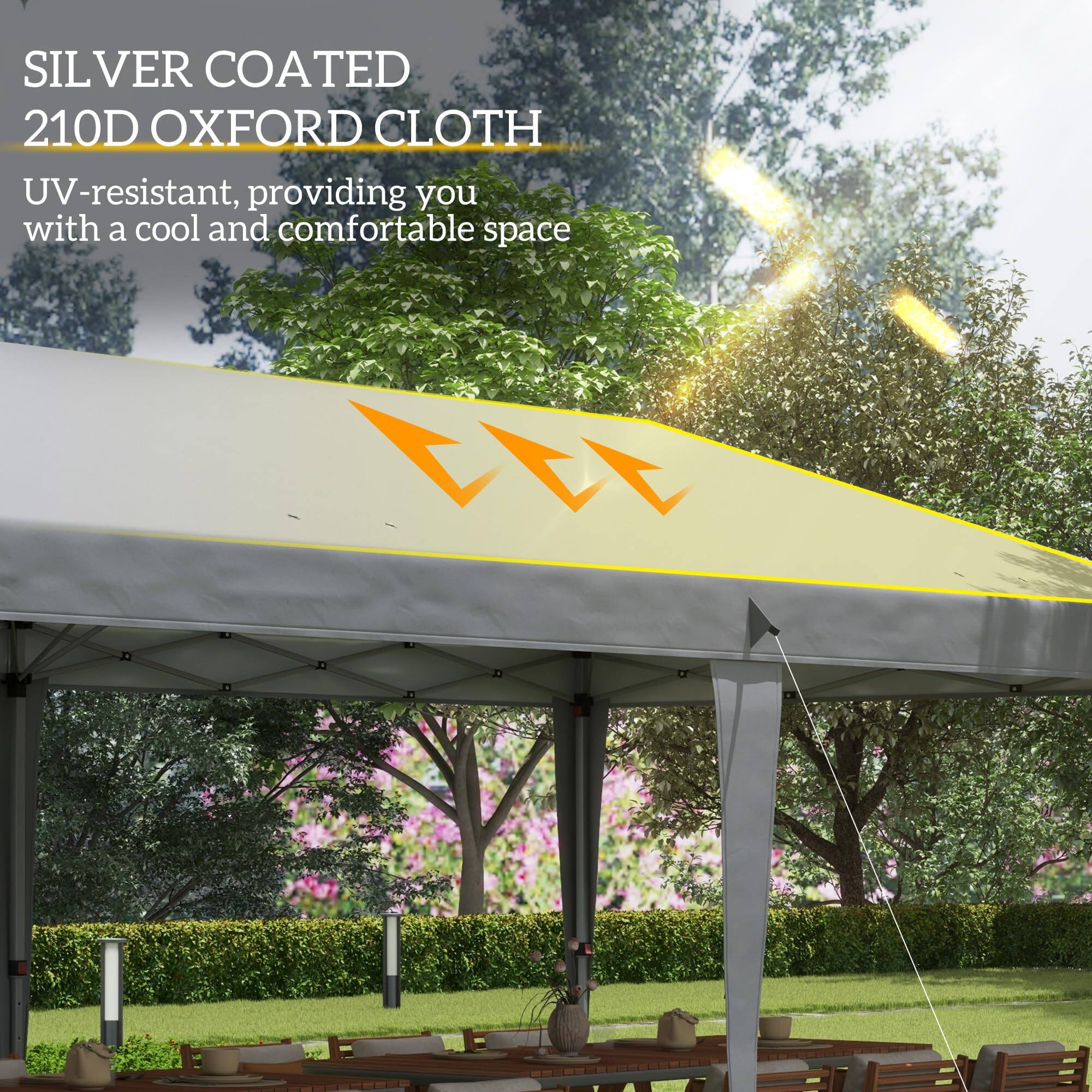 SILVER COATED  
210D OXFORD CLOTH  
UV-resistant, providing you with a cool and comfortable space