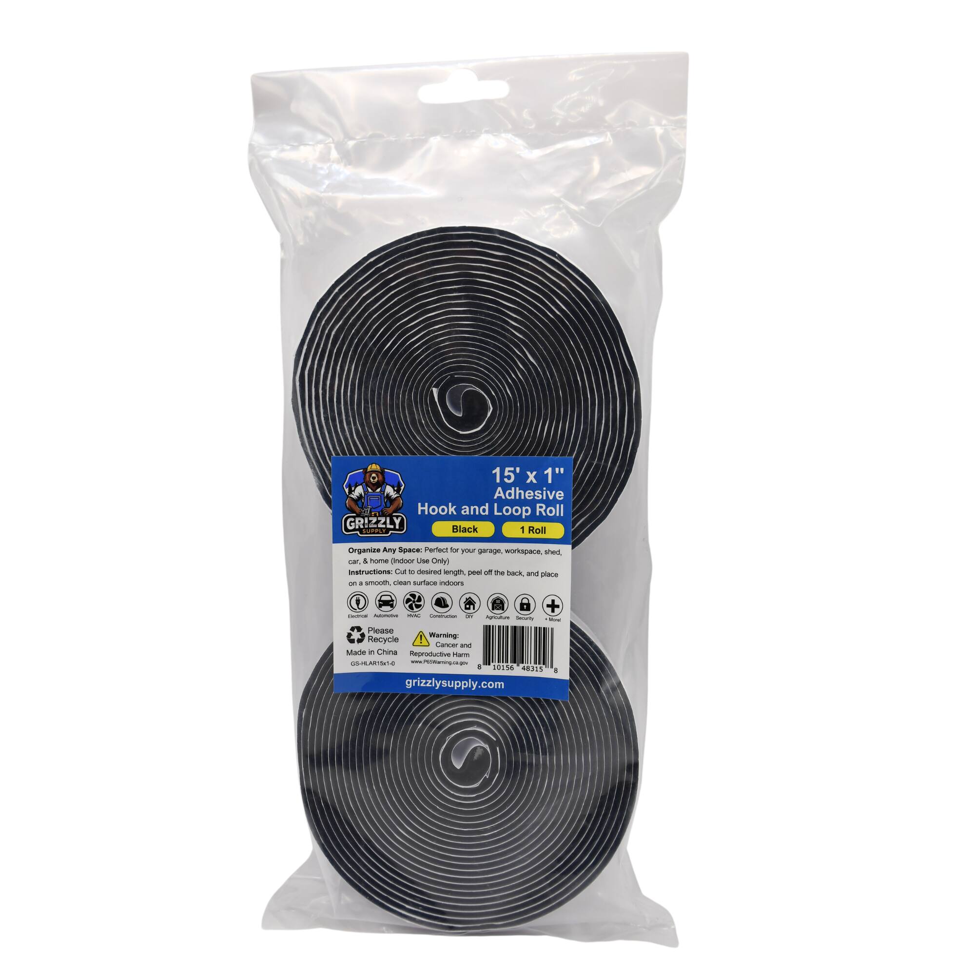 15' x 1" Adhesive Hook and Loop Roll GRIZZLY Black 1 Roll Organize Any Space Perfect for your garage, workspace, shed, or indoors. Instructions: Cut to desired length, peel off the back, and place on a smooth, clean surface indoors. Please Recycle. Warning: Cancer and Reproductive Toxicity. Made in China. grizzlysupply.com
