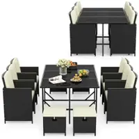 Costway 11 Pieces Patio Dining Set Space-saving Wicker Chairs & Tempered Glass Table - Black + White - Front_Zoom