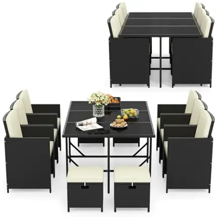 Costway 11 Pieces Patio Dining Set Space-saving Wicker Chairs & Tempered Glass Table - Black + White