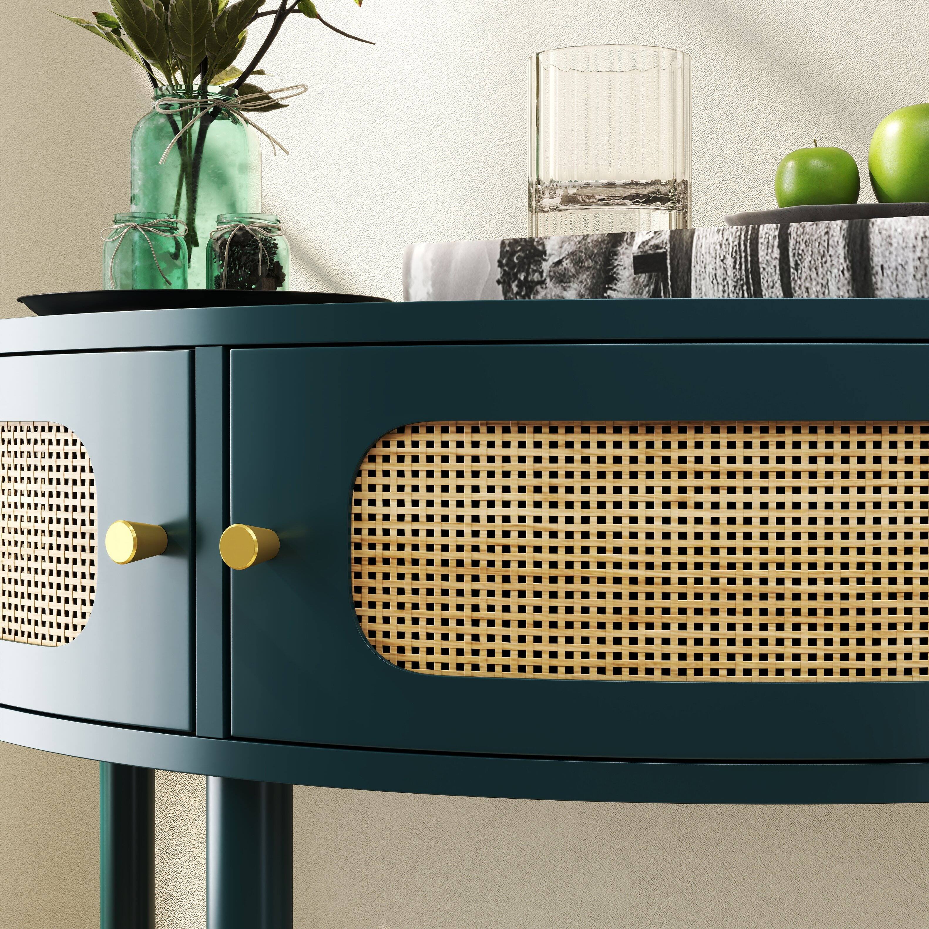 Alt View 4. Tiramisubest - Boho Rattan Semi Circle End Table with Sliding Rattan Door,Elegant Green Entryway Console with Storage and Bottom Shelf - Antique Green.