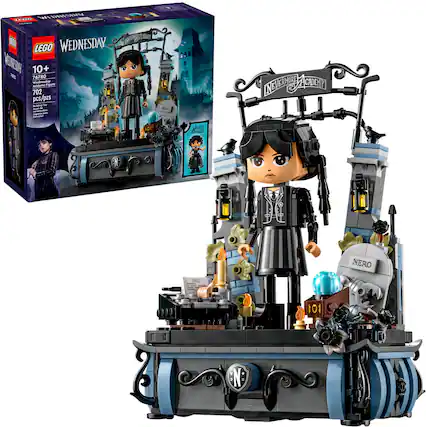 The text on the image reads: "Wednesday 10 + 76780 Wednesday Addams Figure 702 pcs/pzs suboling -e -Um - - XEXO - Ang - - NEVERHORE JAE CAD 101 Bulld Rotraid NERO 1 101."