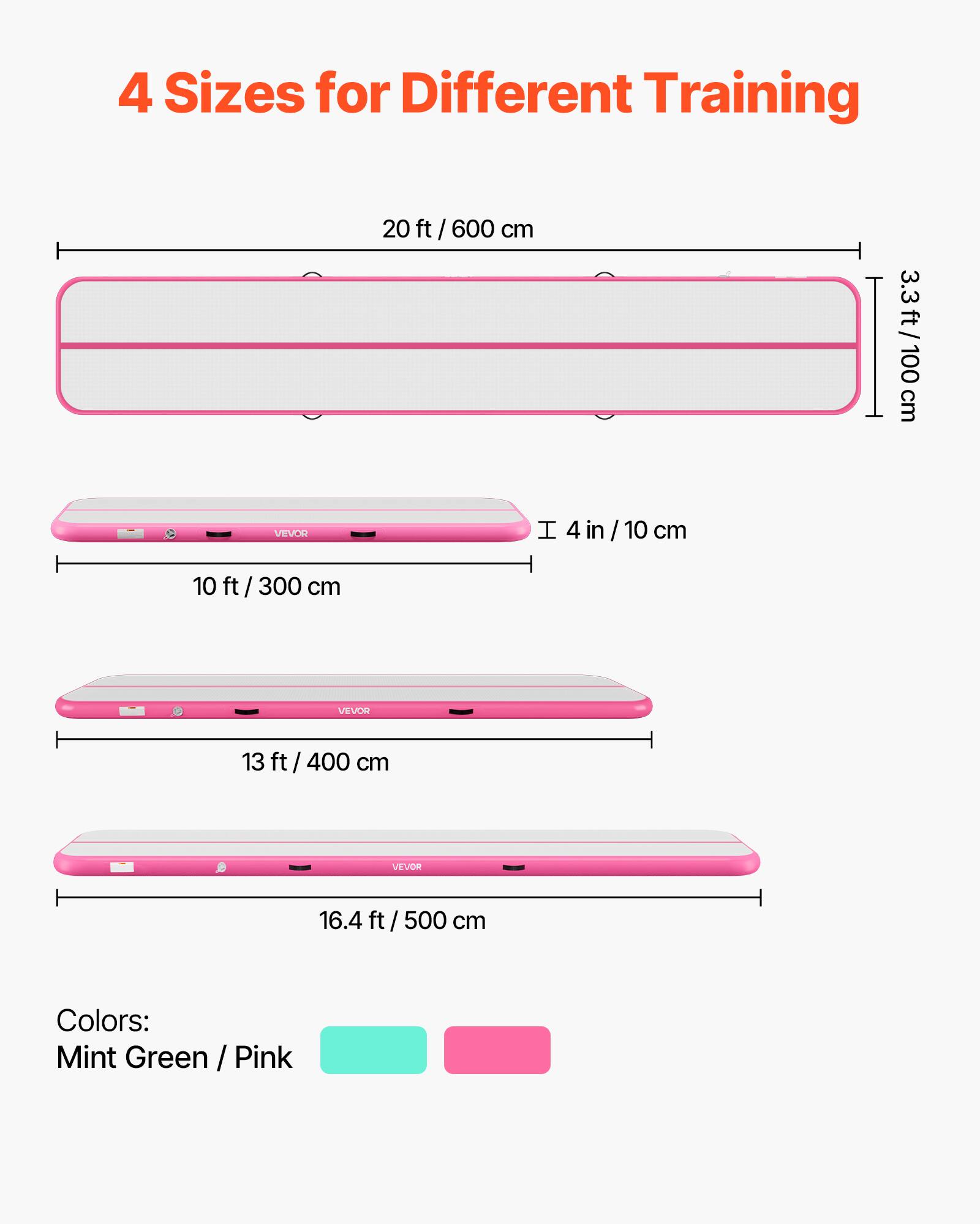 4 Sizes for Different Training

20 ft / 600 cm
3.3 ft / 100 cm

I 4 in / 10 cm

10 ft / 300 cm
VEVOR

13 ft / 400 cm
VEVOR

16.4 ft / 500 cm

Colors: Mint Green / Pink