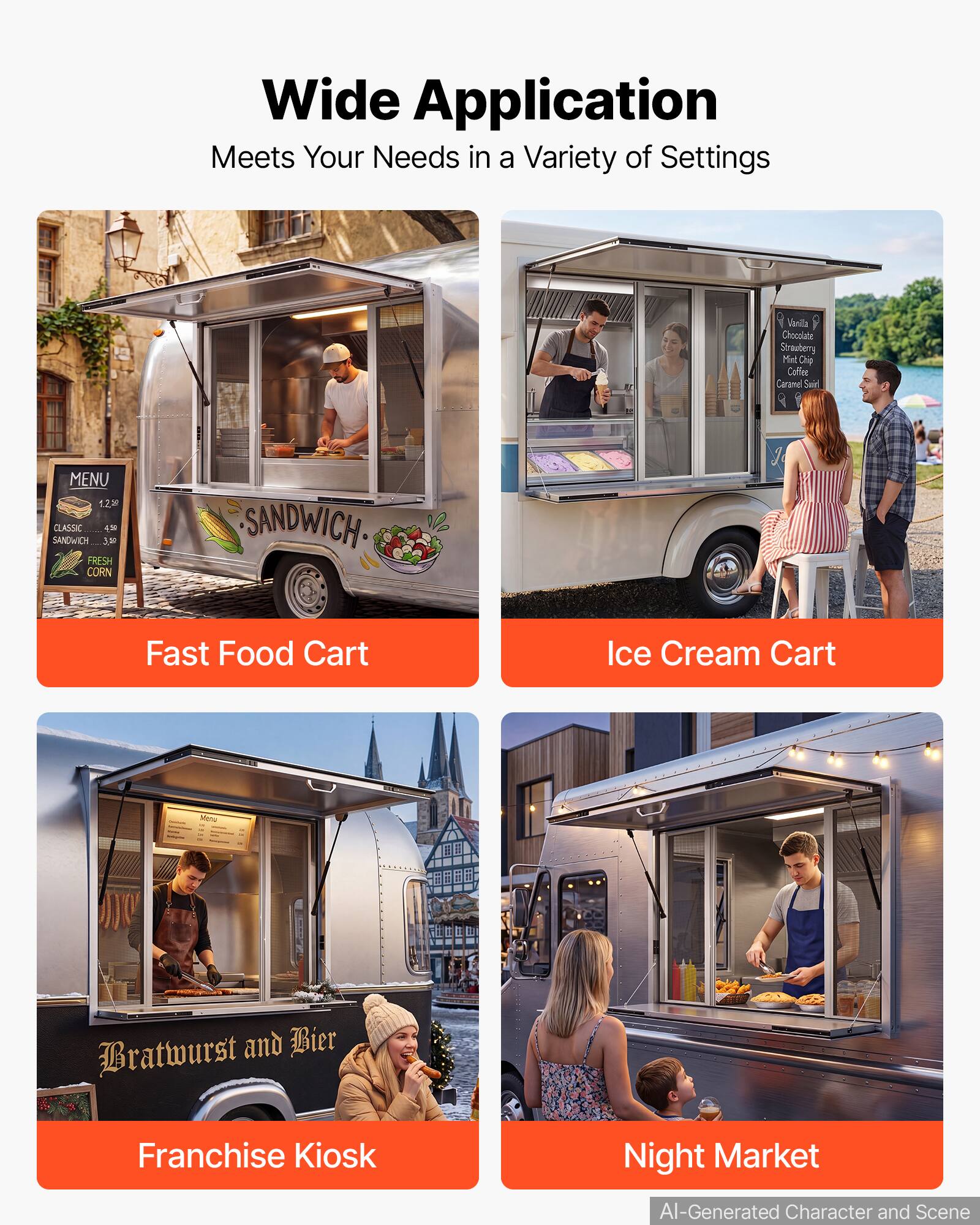 Wide Application Meets Your Needs in a Variety of Settings

Vinilla Chocolate Strawberry Mint Chip Coffee Caranel Swirl

MENU
12.20 CLASSIC
42 SANDWICH
3.30 FRESH CORN SANDWICH

Fast Food Cart
Ice Cream Cart
Franchise Kiosk
Night Market

AI-Generated Character and Scene