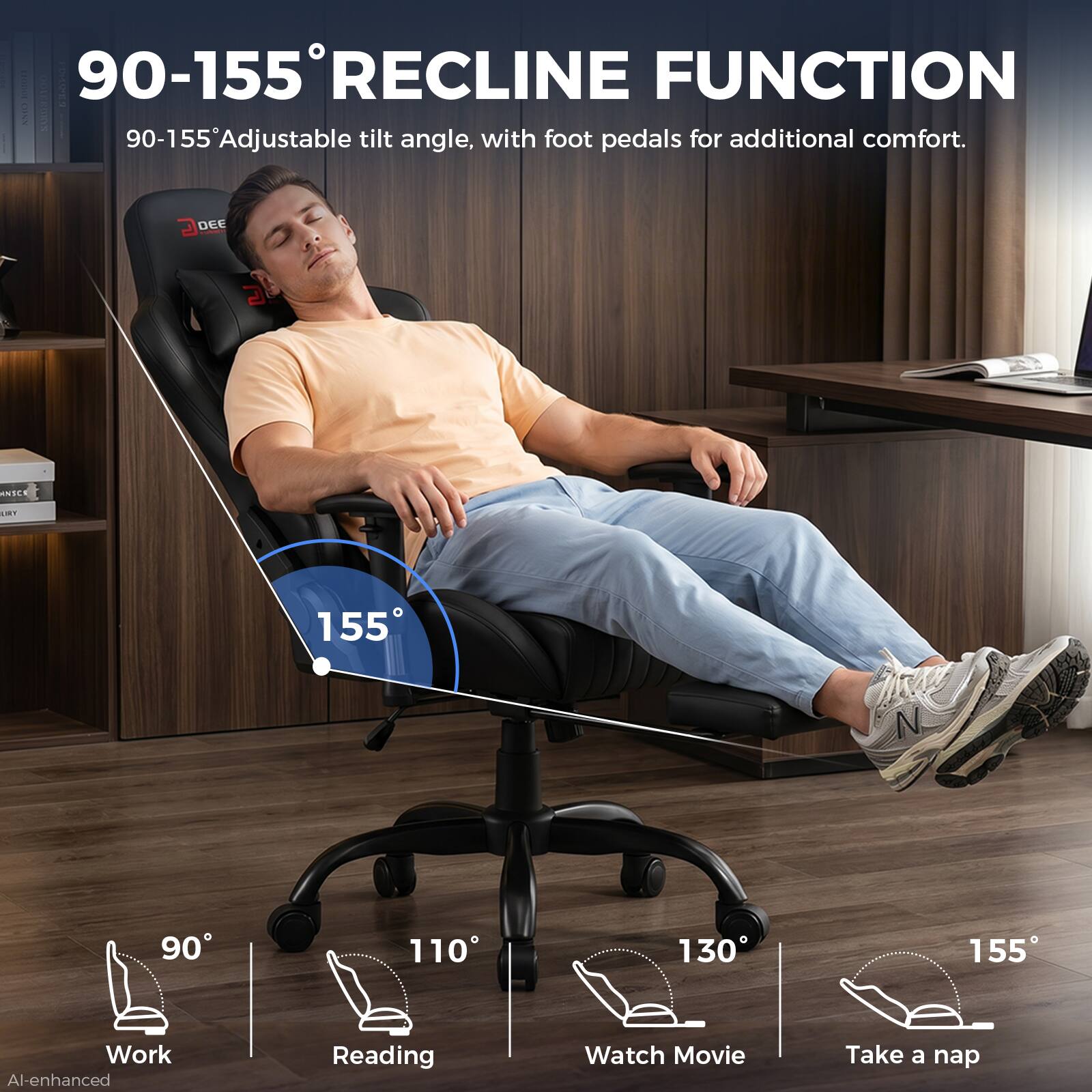 BERRETTE 2014.0012 90-155RECLINE FUNCTION XXIC 90-155 Adjustable tilt angle, with foot pedals for additional comfort.

90-155° RECLINE FUNCTION
90-155° Adjustable tilt angle, with foot pedals for additional comfort.

90° Work
110° Reading
130° Watch Movie
155° Take a nap