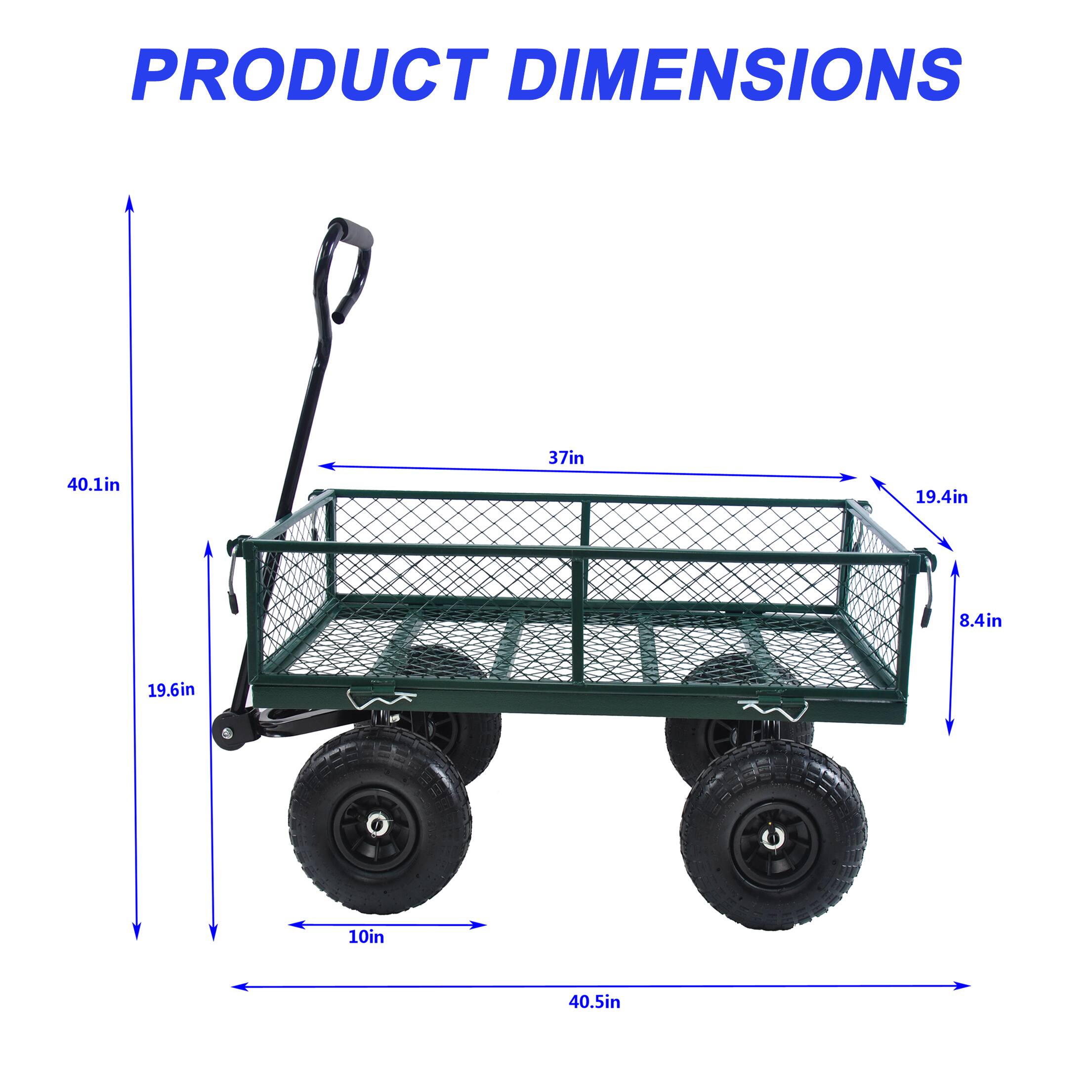PRODUCT DIMENSIONS

- Length: 40.5in
- Width: 37in
- Height: 40.1in
- Wheel Diameter: 10in
- Side Height: 19.6in
- Side Width: 19.4in
- Handle Height: 8.4in