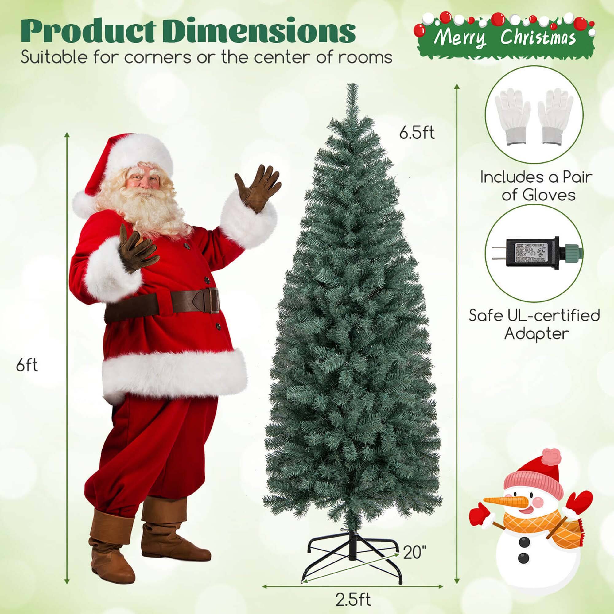 Product Dimensions: Suitable for corners or the center of rooms. Merry Christmas. Includes a Pair of Gloves. 6.5ft. Safe UL-certified Adapter. 20" x 2.5ft.