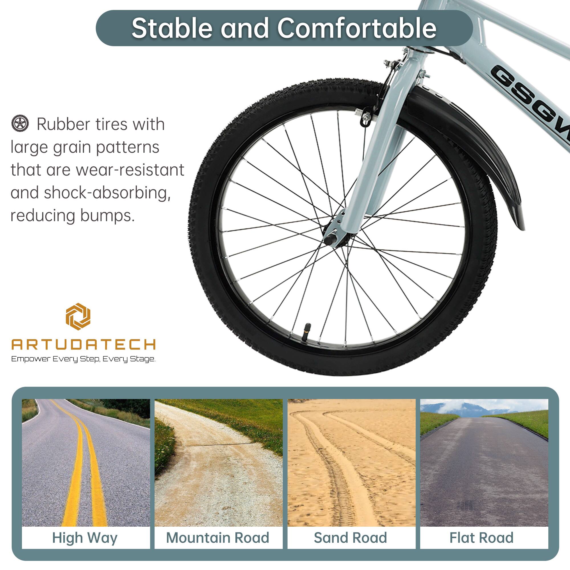 Stable and Comfortable

Rubber tires with large grain patterns that are wear-resistant and shock-absorbing, reducing bumps.

ARTUDATECH
Empower Every Step. Every Stage.

High Way
Mountain Road
Sand Road
Flat Road