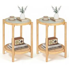 Gymax - 2PCS Round Side Table w/Tempered Glass Top Storage Shelf Acacia Wood Legs Natural - Yellow