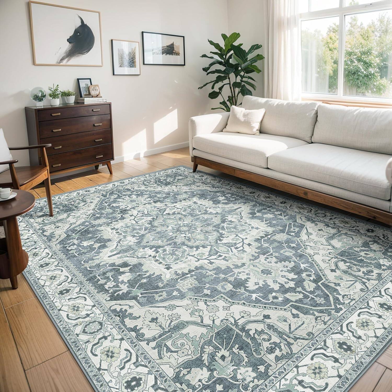 Angle. KERDOM - Large Area Rug 8x10 ft Machine Washable for Living Room Boho Vintage Carpet for Dining Room Non Slip Soft Low Pile Thin - Lake Blue.