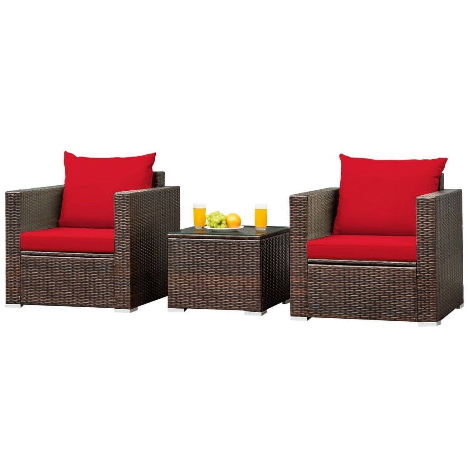 Back. Kadyn - 3 Pcs Patio Conversation Rattan Furniture Set with Coffee Table and Cushions-Red - Red.