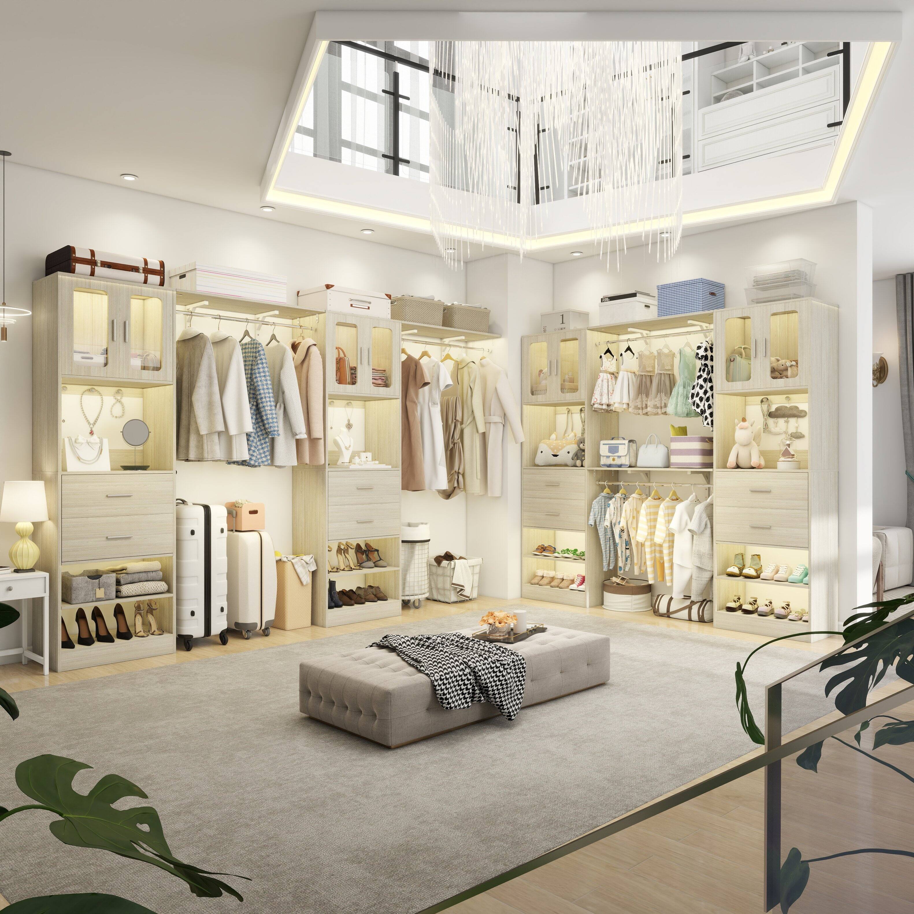 Angle. Aheaplus - 41'' - 120'' Adjustable Wardrobe System with Drawers, Cabinets, and Hanging Rods, Large Closet System Sets - Beige Oak.