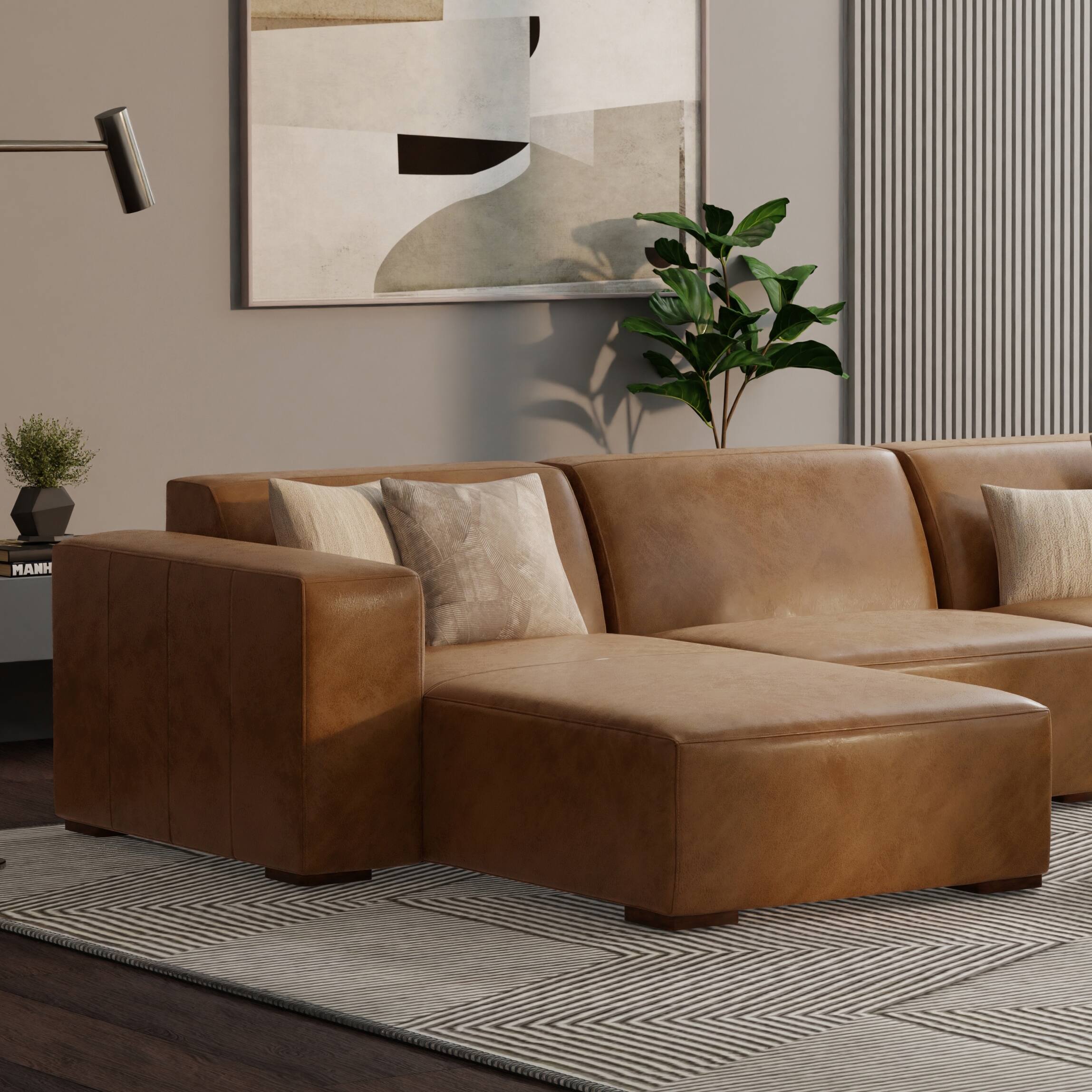 Angle. Simpli Home - Rex Left Chaise Sofa Module in Genuine Leather - Caramel Brown.
