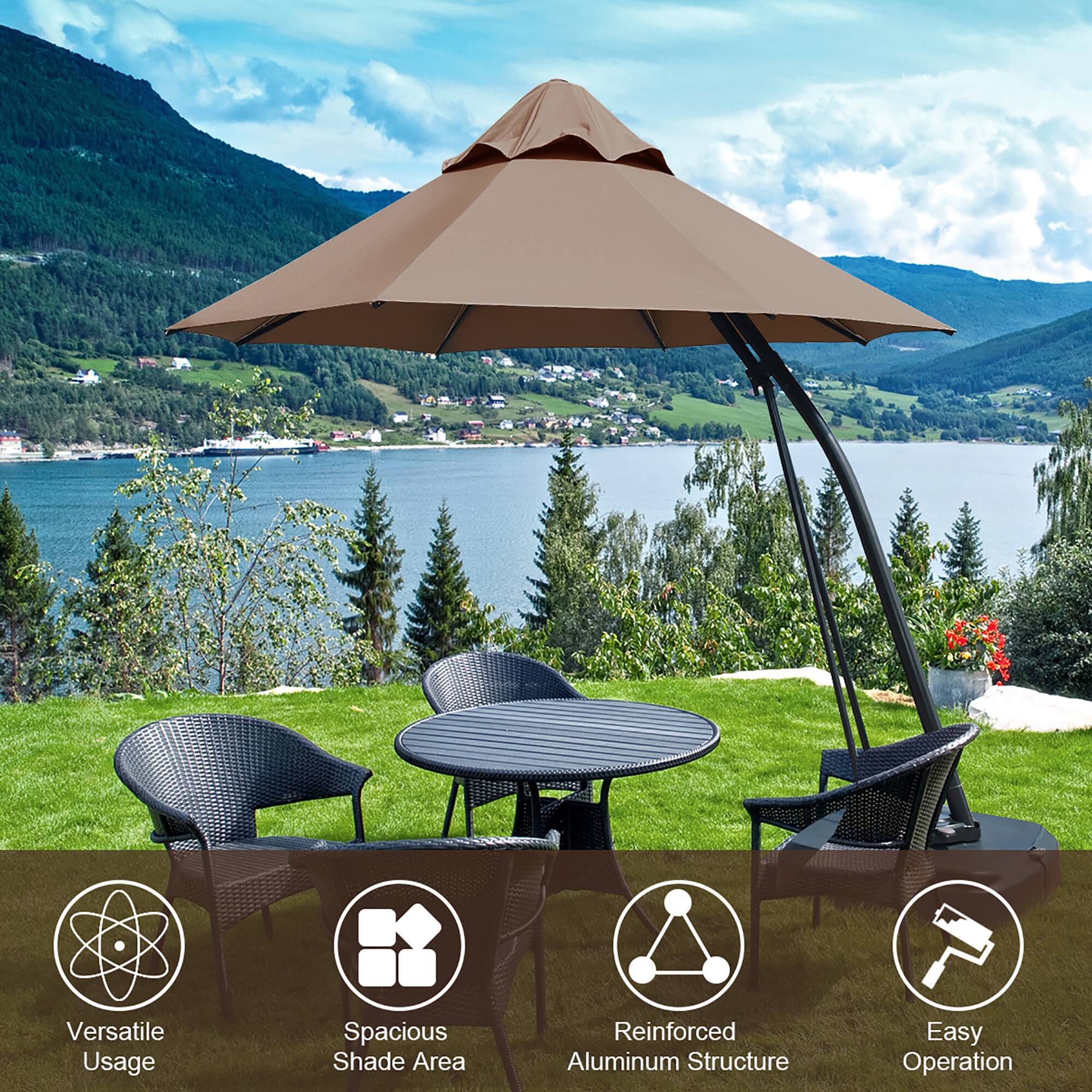 Versatile Usage  
Spacious Shade Area  
Reinforced Aluminum Structure  
Easy Operation