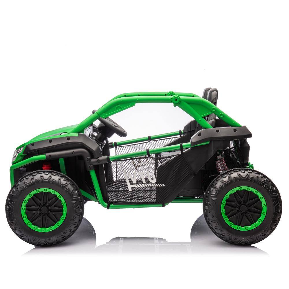 Left. BreeBe - 24V Two-Seater Kids ride on UTV with Parental Control, 400W, Suspension, Bluetooth, USB, LED, Horn, Storage, Ages 3+ - Green.