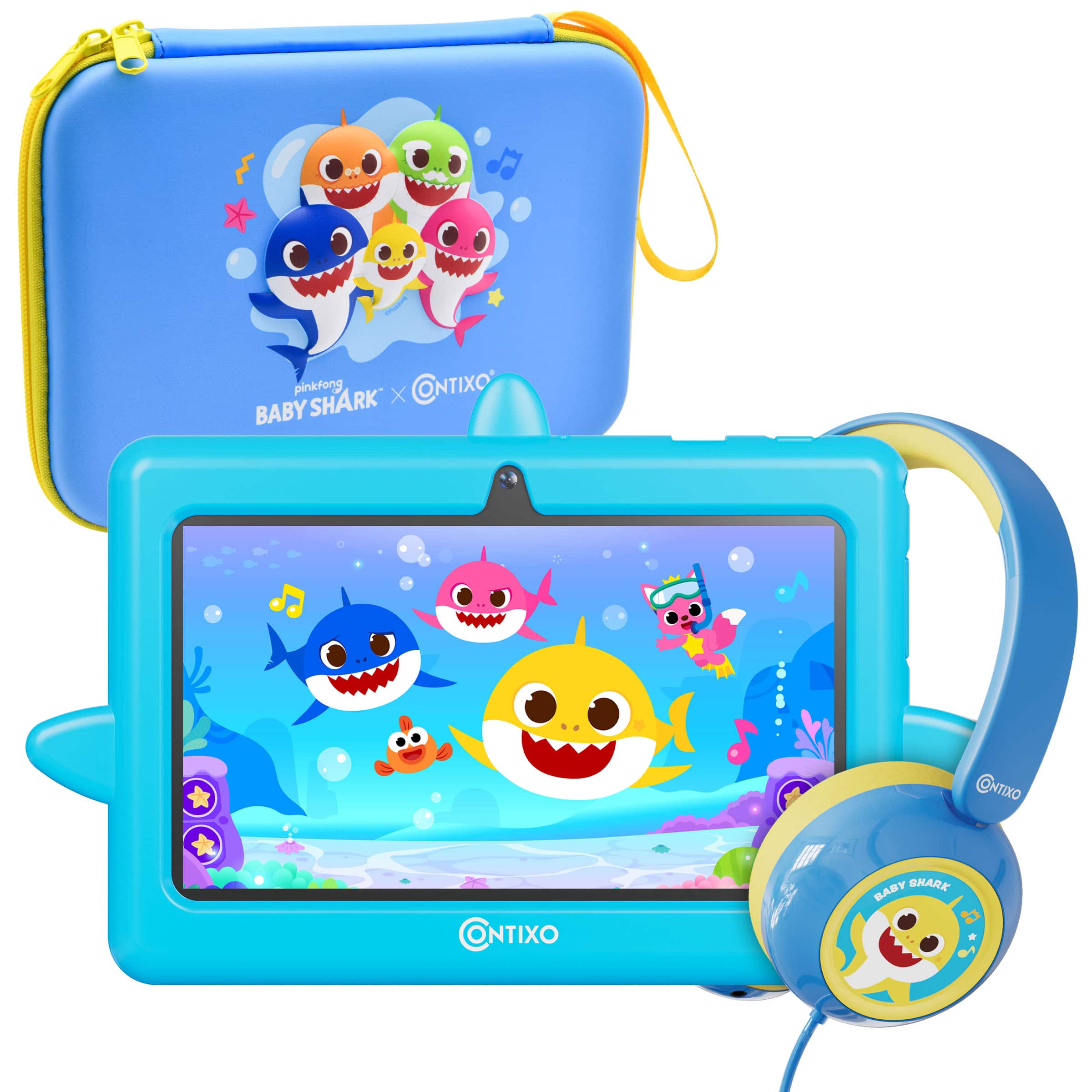 Bundle - Contixo - Baby Shark 7-Inch Kids Tablet with 8 Learning Apps, Protective Case, Headphones & Carrying Bag - Blue
