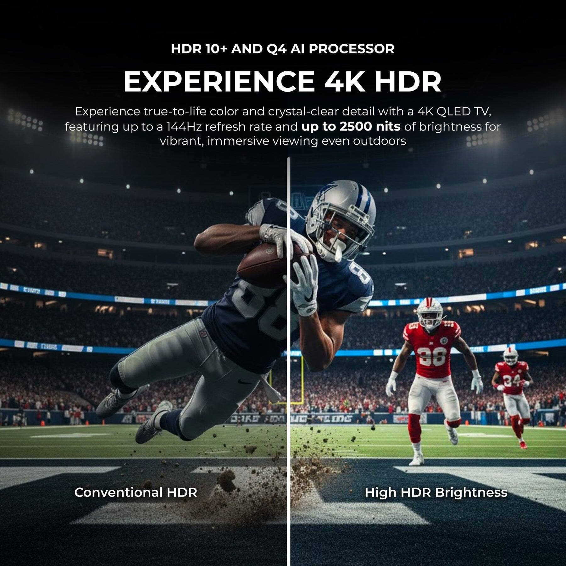 HDR 10+ AND Q4 AI PROCESSOR  
EXPERIENCE 4K HDR  

Experience true-to-life color and crystal-clear detail with a 4K QLED TV, featuring up to a 144Hz refresh rate and up to 2500 nits of brightness for vibrant, immersive viewing even outdoors  

Conventional HDR  
High HDR Brightness