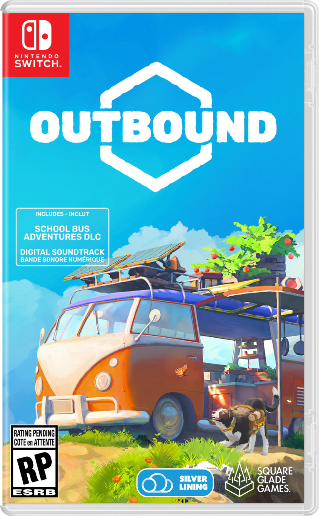 NINTENDO SWITCH  
OUTBOUND  
- INCLUDES - INCLUT  
SCHOOL BUS ADVENTURES DLC  
DIGITAL SOUNDTRACK  
BANDE SONORE NUMÉRIQUE  
RATING PENDING  
COTE en ATTENTE  
RP  
ESRB  
SILVER LINING  
SQUARE GLADE GAMES