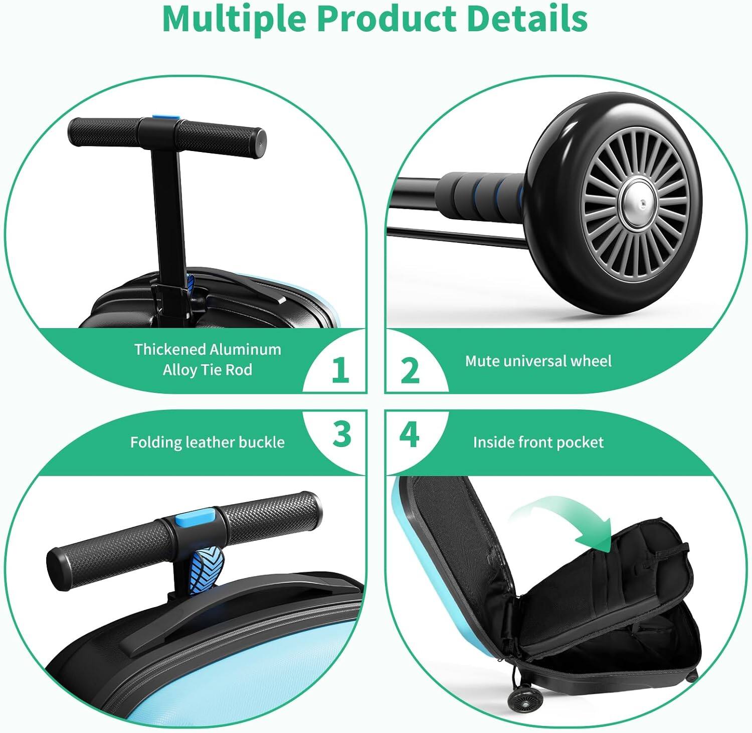 Multiple Product Details

1. Thickened Aluminum Alloy Tie Rod
2. Mute universal wheel
3. Folding leather buckle
4. Inside front pocket