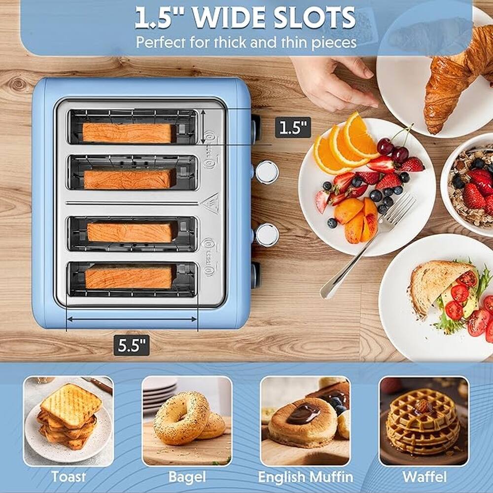1.5" WIDE SLOTS  
Perfect for thick and thin pieces

1.5"  
5.5"  

Toast  
Bagel  
English Muffin  
Waffle