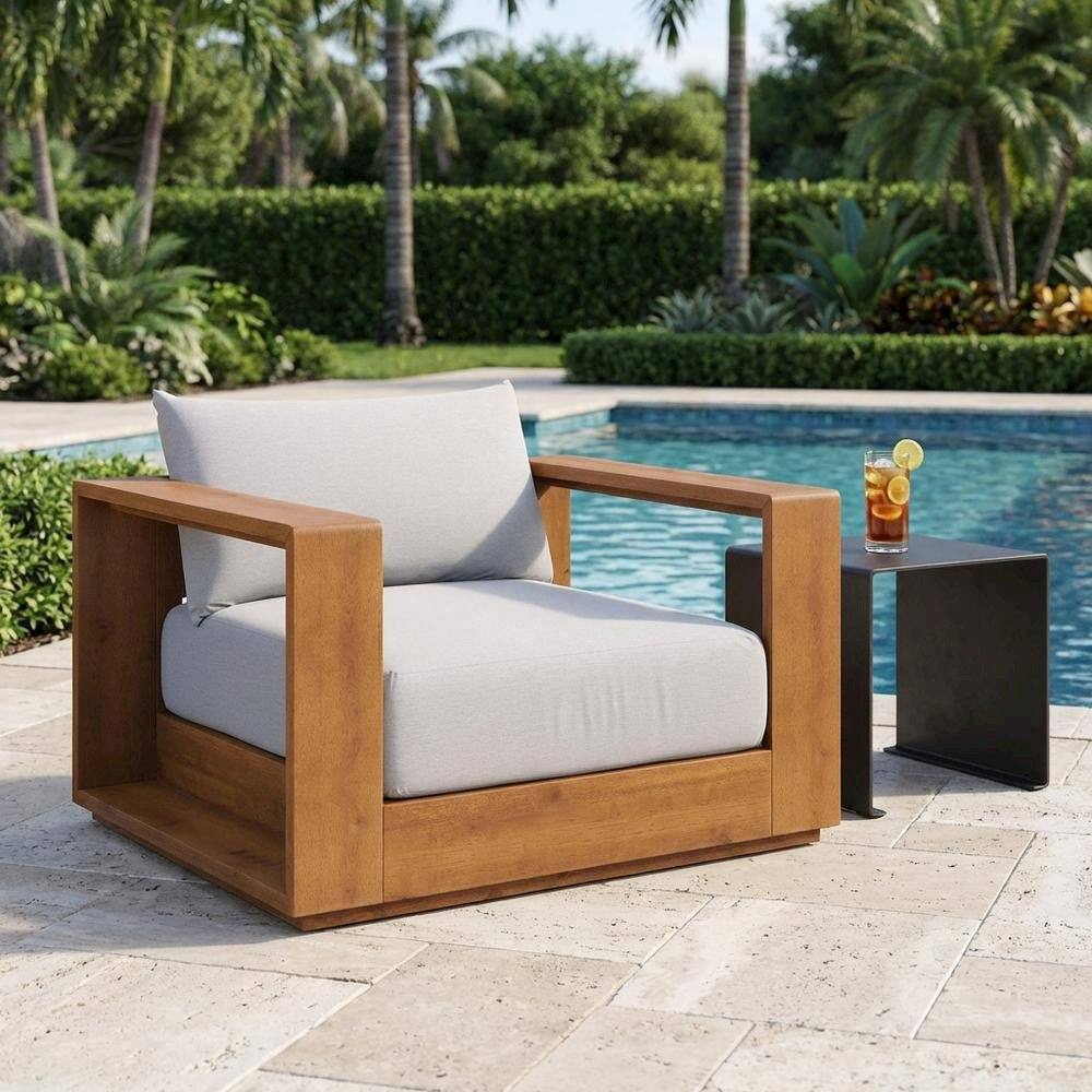Left. Outdoor Escape - Outdoor Patio Acacia Wood Chair With Armrests And Comfortable Backrest - Gray.