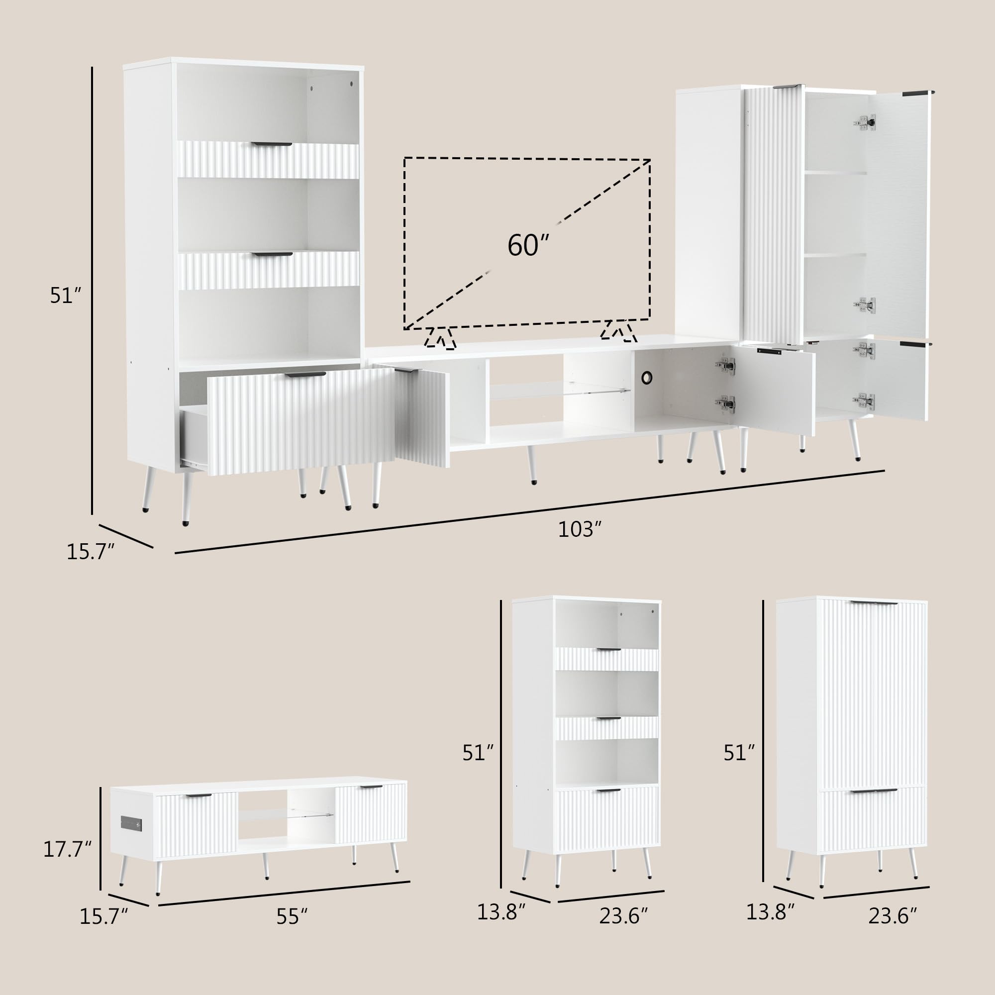 60" x 51" x 15.7"  
103" x 51" x 17.7"  
55" x 13.8" x 23.6"  
13.8" x 23.6"