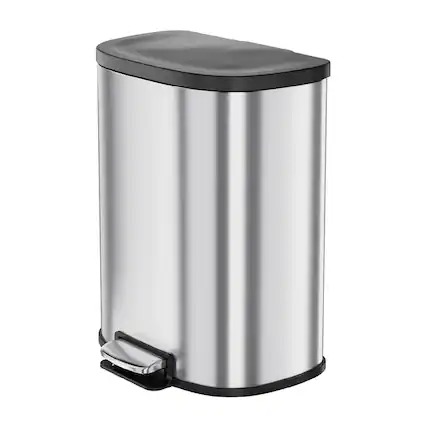 Front. GARVEE - 50L Stainless Steel Trash Can with Foot Pedal, Soft-Close Lid & Removable Inner Bucket - Silver.