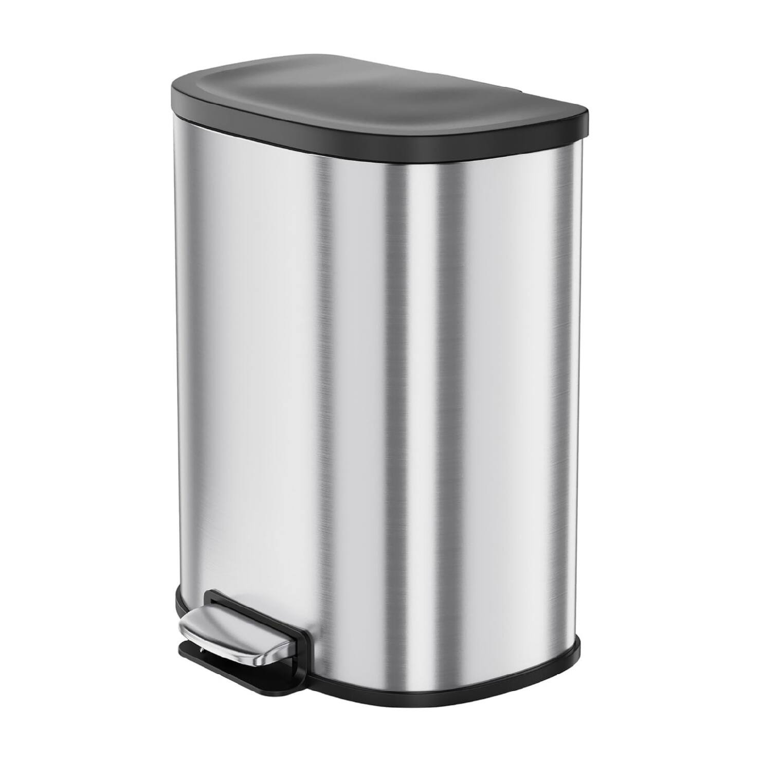 Front. GARVEE - 50L Stainless Steel Trash Can with Foot Pedal, Soft-Close Lid & Removable Inner Bucket - Silver.