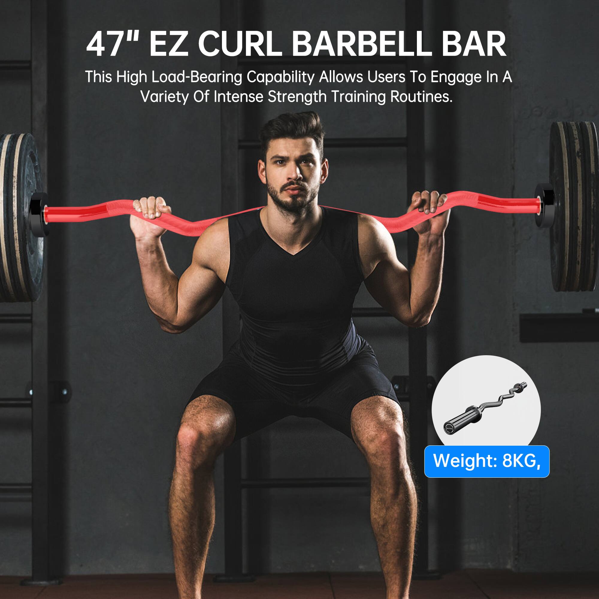 47" EZ CURL BARBELL BAR  
This High Load-Bearing Capability Allows Users To Engage In A Variety Of Intense Strength Training Routines.  
Weight: 8KG