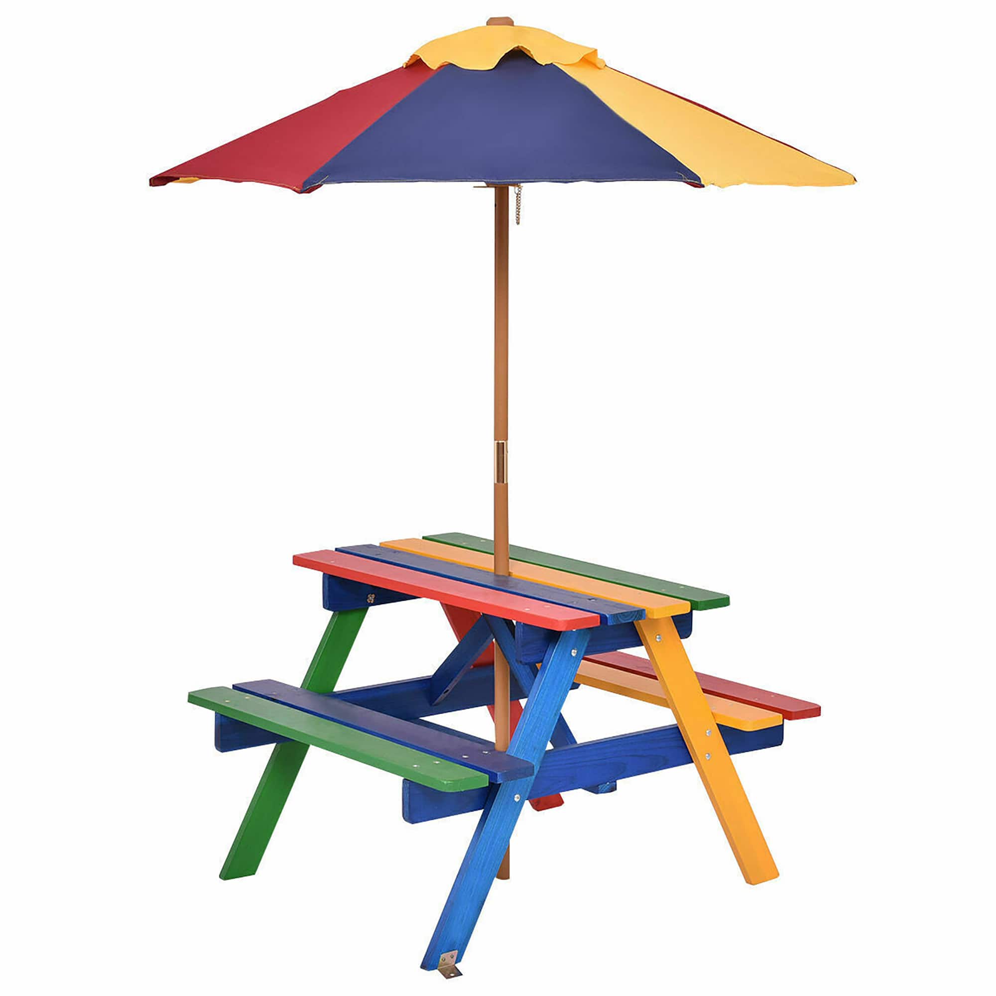 Costway - 4 Seat Kids Picnic Table w/Umbrella Garden Yard Folding Children Bench Outdoor - Multicolor