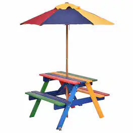 Costway - 4 Seat Kids Picnic Table w/Umbrella Garden Yard Folding Children Bench Outdoor - Multicolor