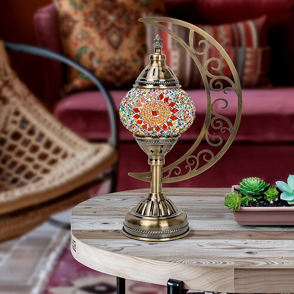 Alt View 1. MOSZAR LLC - Turkish Mosaic Lamp, Moon Shaped, Moroccan Glass, Bronze Base, Night Light.