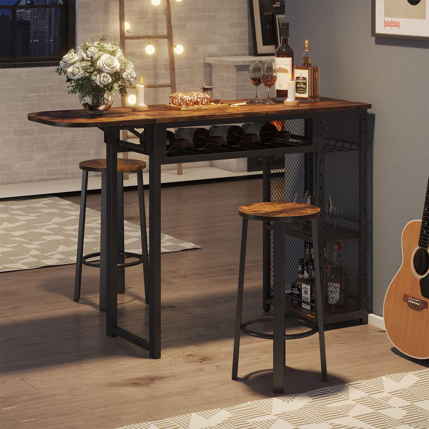 Bestier - Home Bar Set with 2 Stools Drop Leaf Table 5 Tiers Storage Wine Rack and Elevated Base for Robot Vacuum - Rustic Brown