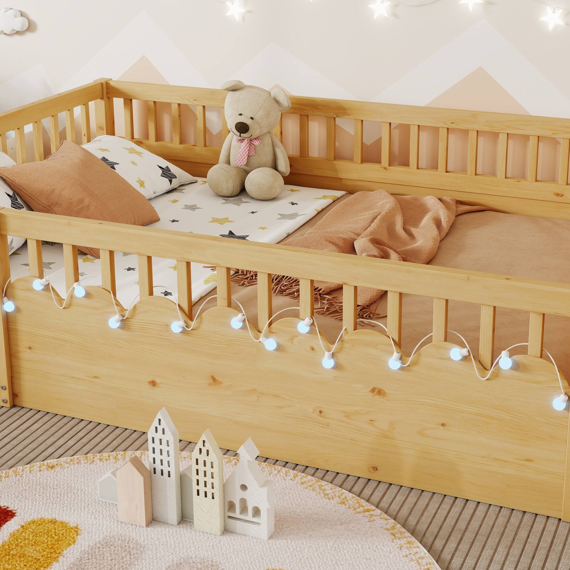 Left. GOODSILO - Full Size Low Profile Children's Floor Bed Frame Integrated LED Lighting and Convenient Storage Shelf - Natural.