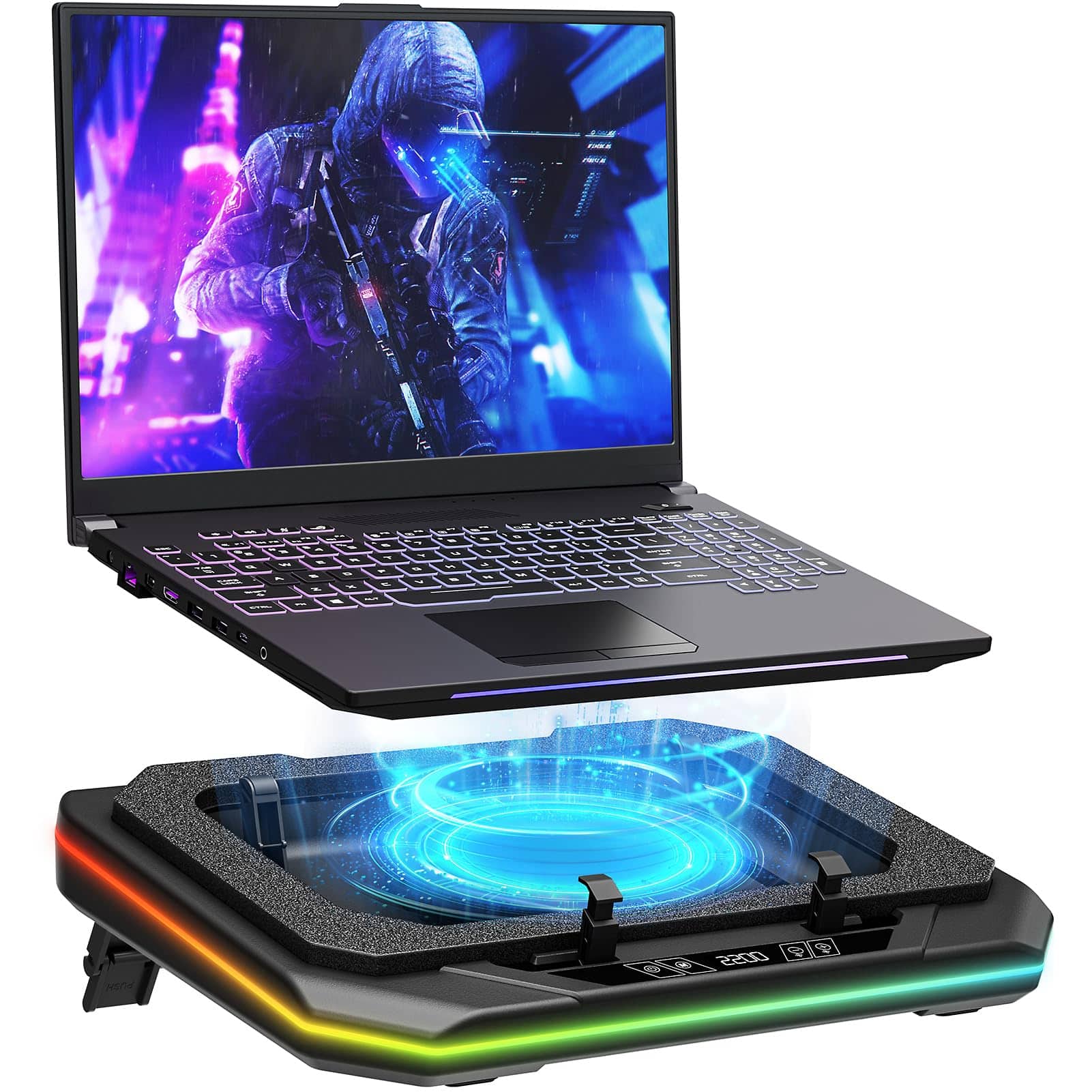 HongFei - RGB Laptop Cooling Pad for 13-19", Max 3500RPM Gaming Laptop Cooler, Touch Switch to Control Speed, 4.72 Inch Fan - Black