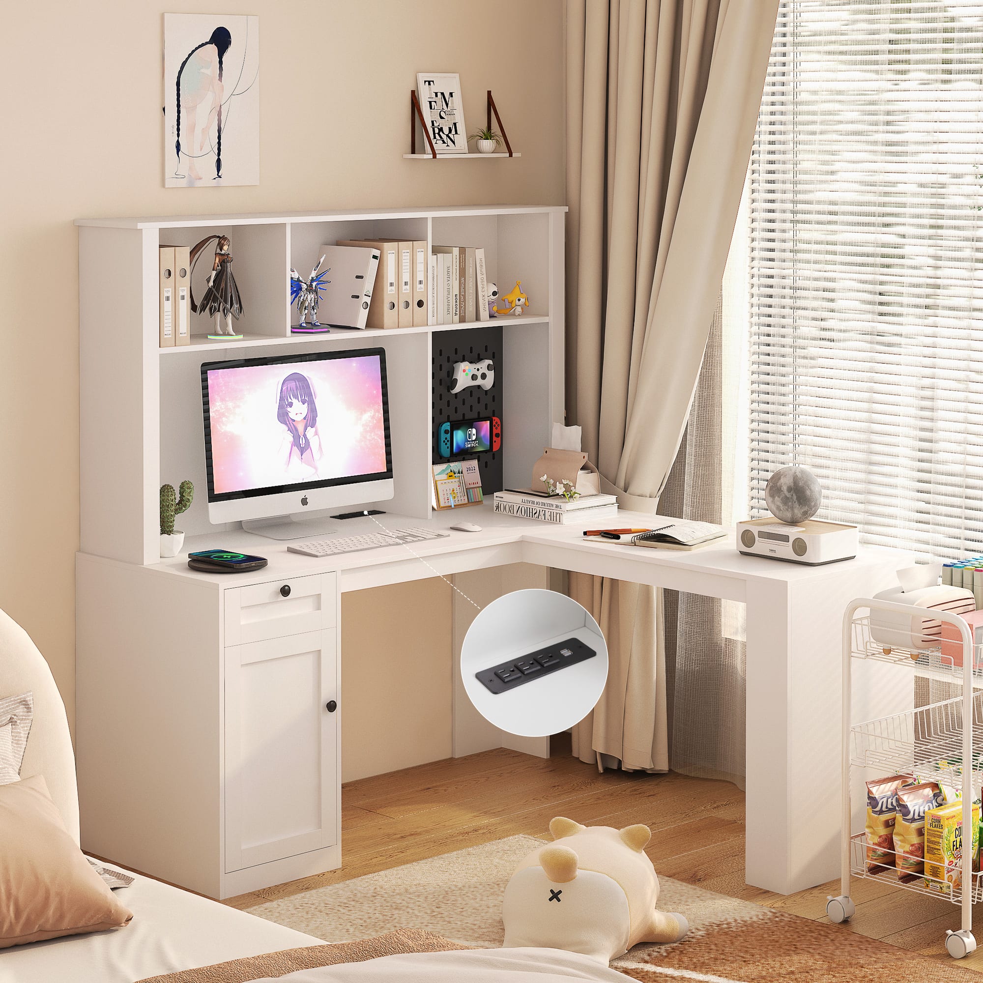Tiramisubest - L Shaped Desk with Outlet,Computer Desk with Drawers,Bookshelf,Modern Corner Writing Desk,Home Office Desk - White