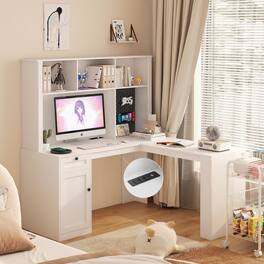 Tiramisubest - L Shaped Desk with Outlet,Computer Desk with Drawers,Bookshelf,Modern Corner Writing Desk,Home Office Desk - White