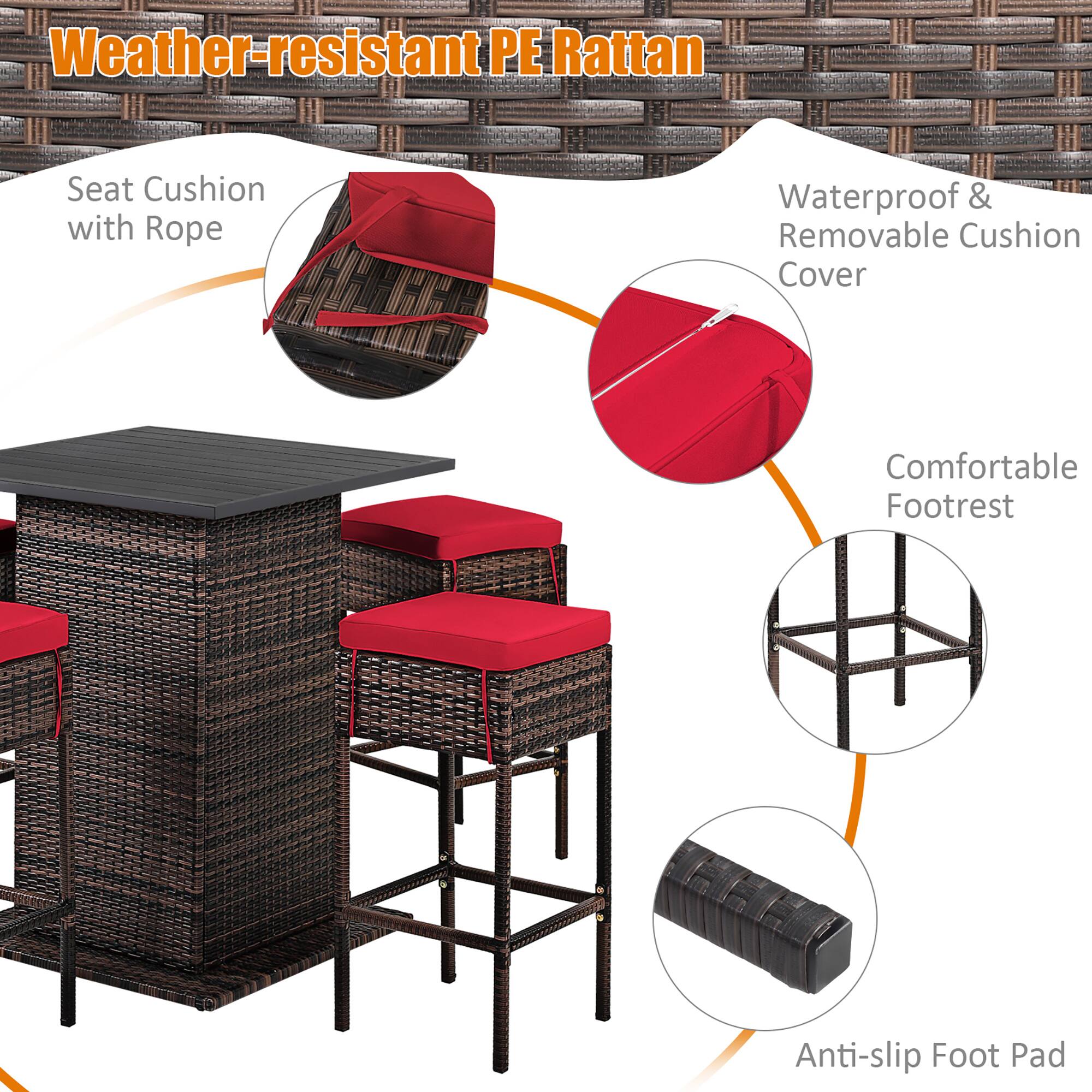 Weather-resistant PE Rattan

- Seat Cushion with Rope
- Waterproof & Removable Cushion Cover
- Comfortable Footrest
- Anti-slip Foot Pad