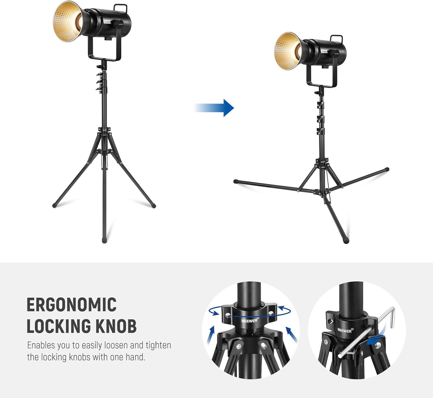 ERGONOMIC LOCKING KNOB  
Enables you to easily loosen and tighten the locking knobs with one hand.  
NEEWER