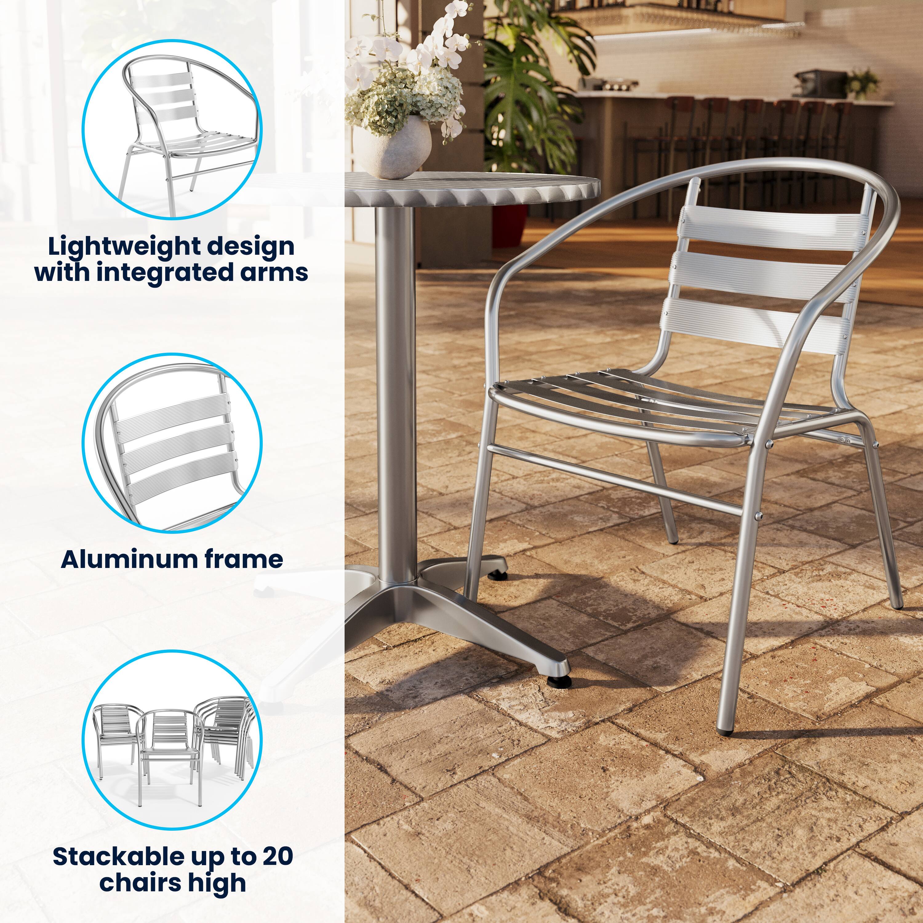 Lightweight design with integrated arms  
Aluminum frame  
Stackable up to 20 chairs high