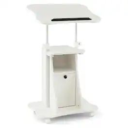Pefilos - Adjustable Mobile Standing Desk Cart with Tilt Desktop & Cabinet- Office Furniture, Desk - White