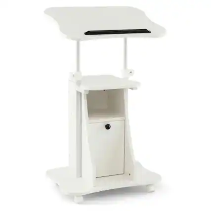 Front. Pefilos - Adjustable Mobile Standing Desk Cart with Tilt Desktop & Cabinet-White, Office Furniture, Desk - White.