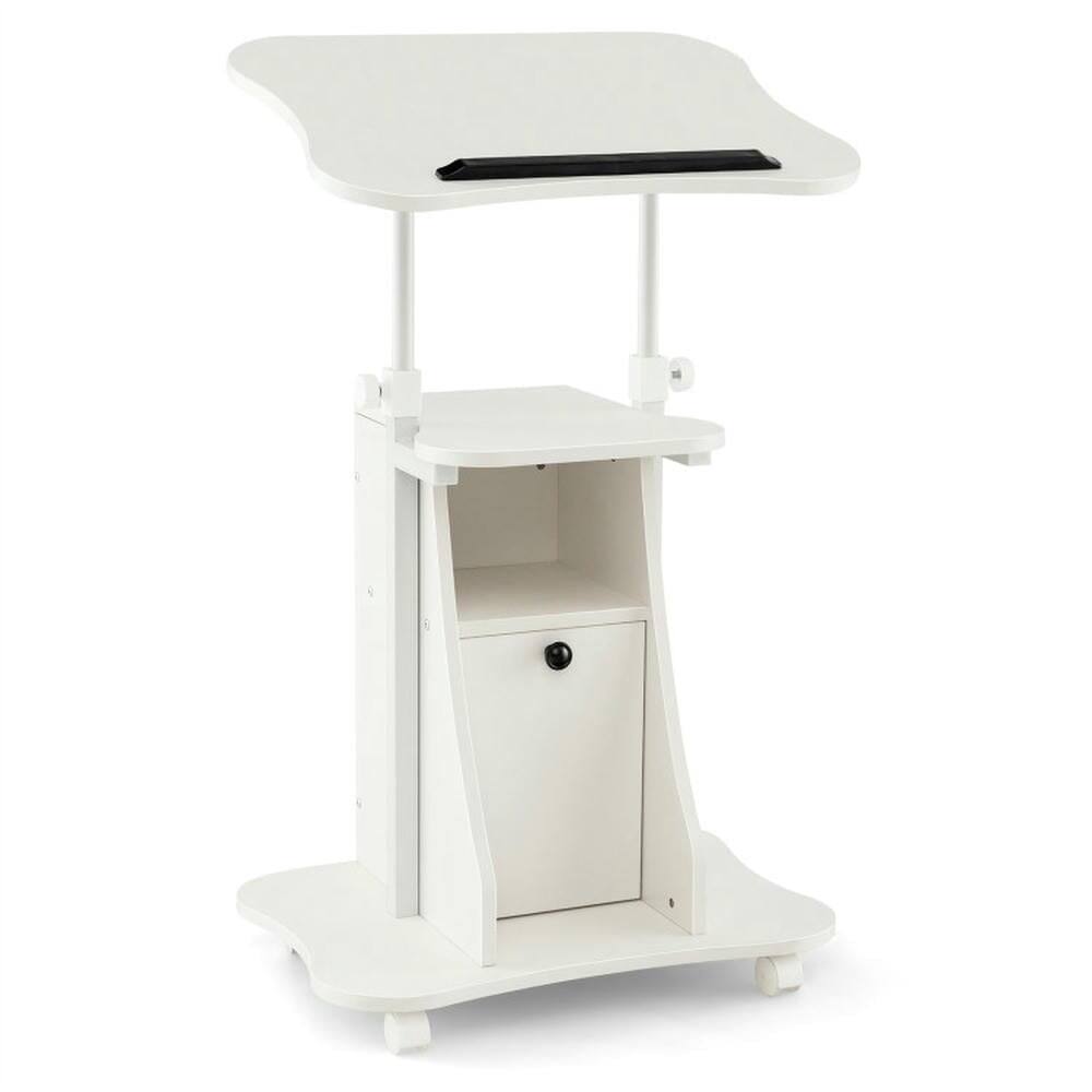 Front. Pefilos - Adjustable Mobile Standing Desk Cart with Tilt Desktop & Cabinet-White, Office Furniture, Desk - White.