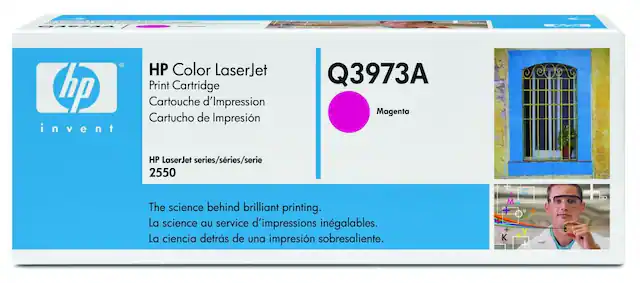 HP Color LaserJet
Print Cartridge
Cartouche d’Impression
Cartucho de Impresión
HP LaserJet series/série/serie 2550
The science behind brilliant printing.
La science au service d’impressions inégalables.
La ciencia detrás de una impresión sobresaliente.
Q3973A
Magenta
invent