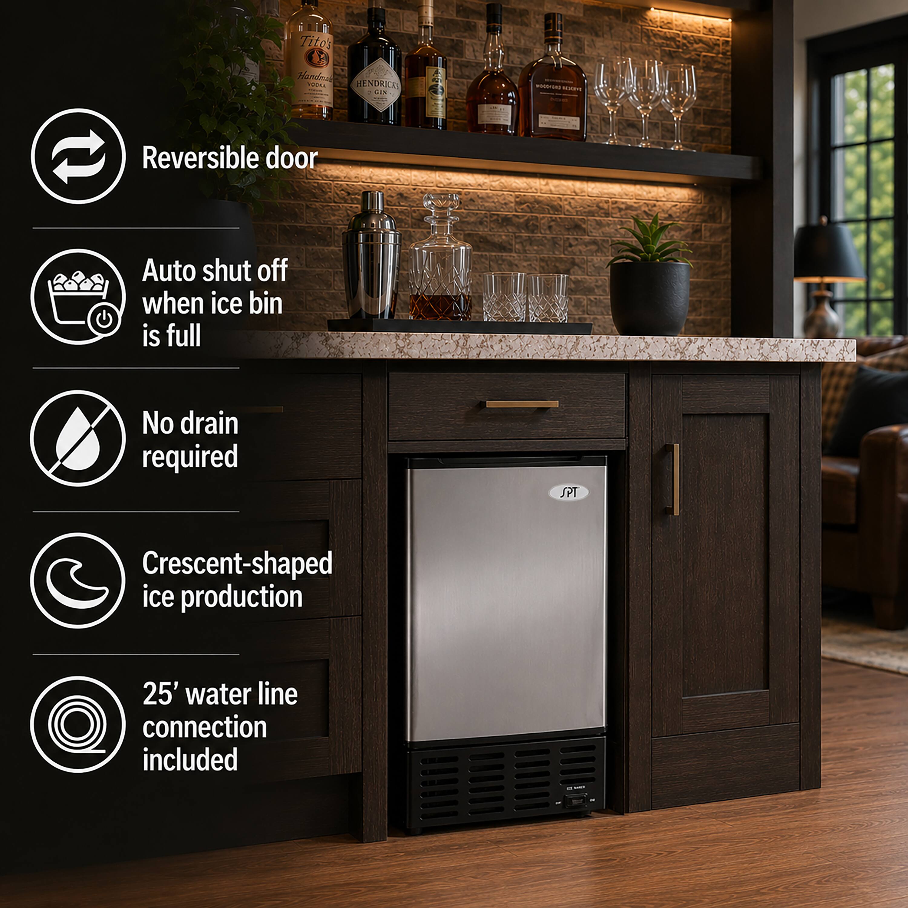 Tito's Handmade Gin

- Reversible door
- Auto shut off when ice bin is full
- No drain required
- Crescent-shaped ice production
- 25' water line connection included