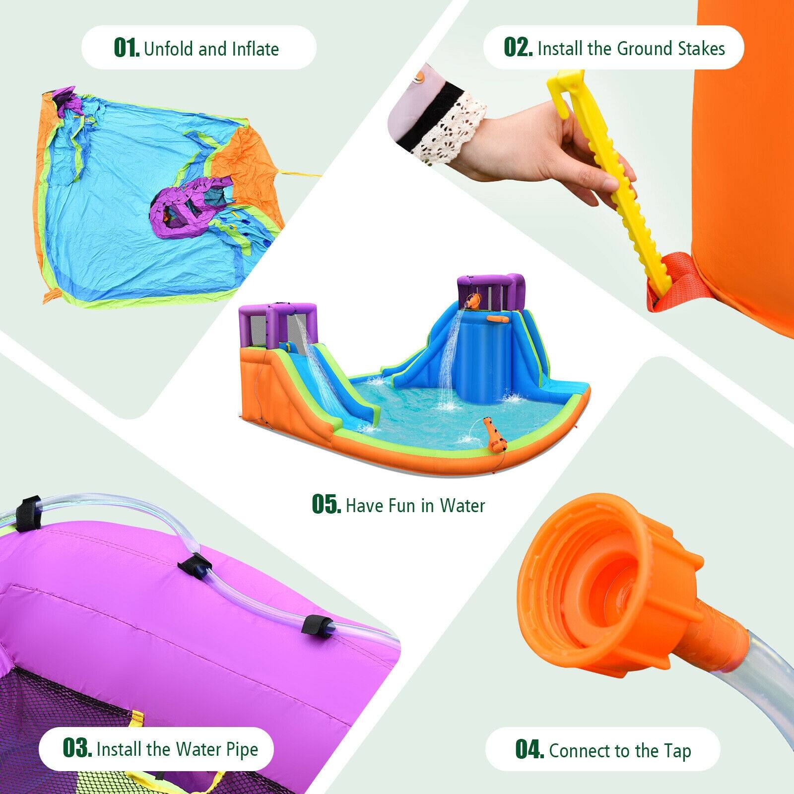 01. Unfold and Inflate  
02. Install the Ground Stakes  
03. Install the Water Pipe  
04. Connect to the Tap  
05. Have Fun in Water